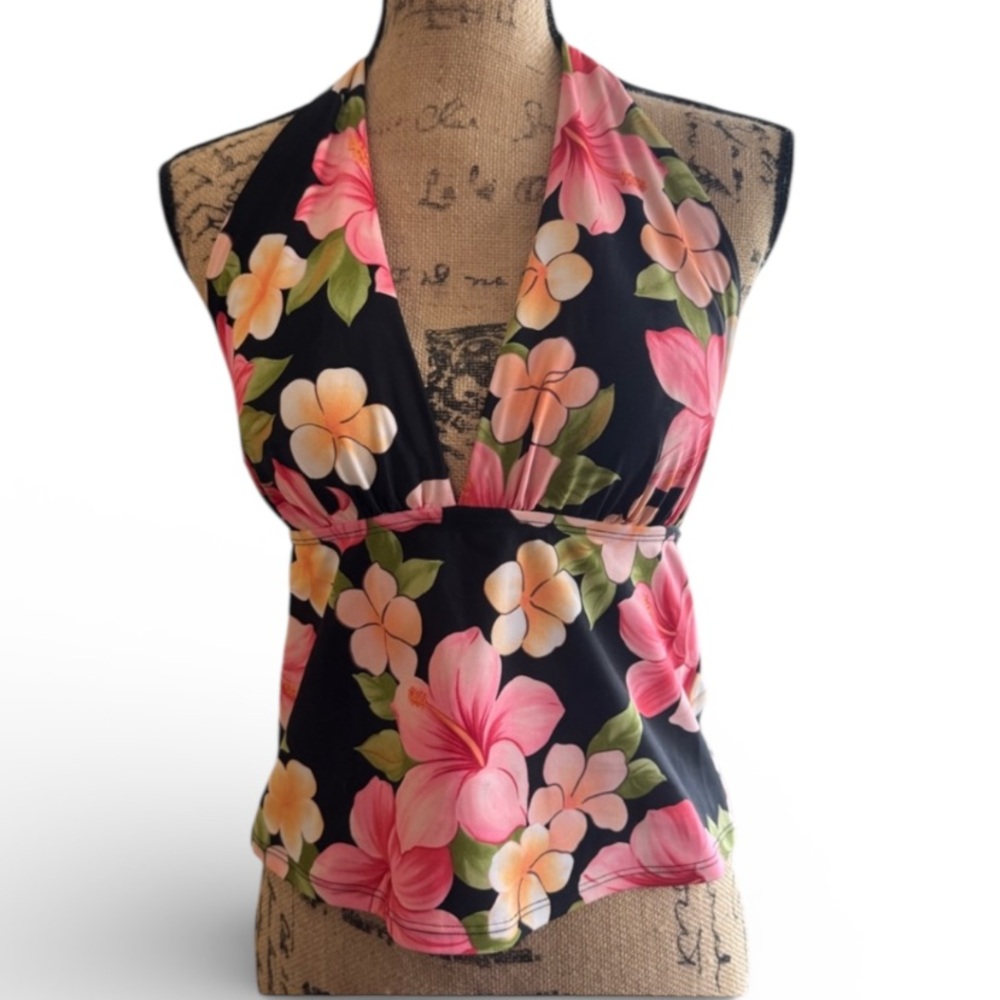 Sessa Floral Halter Top Bathing Suit Women’s Size 10 Black with Pink and Red EUC